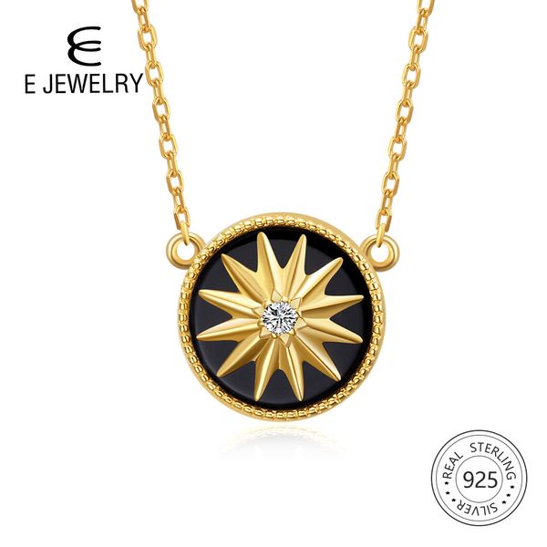 Colar com Pingente de Prata Esterlina 925 E Joias para Mulheres Exquisite Estrela Redonda Banhado a Ouro 18K Corrente de Ágata Colares Gargantilha Longa