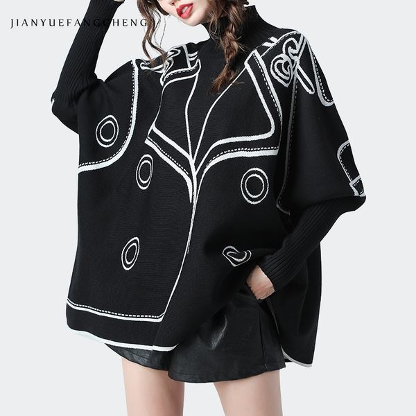 

oversized sweater women bat sleeved long cloak knitted sweaters fashion fake coat loose turtleneck outwear warm women winter top, White;black