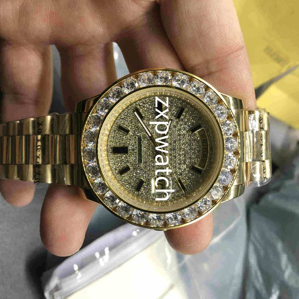 

day date watch18k gold luxury mens watch big diamond bezel gold stainless steel original strap automatic men watches., Slivery;brown