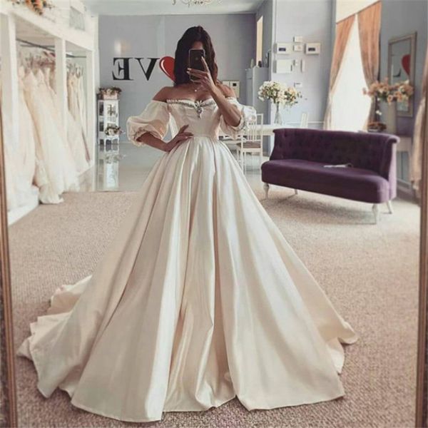 

long train satin wedding dresses with half sleeve boat neck princess arabic bridal dress custom made vestido de casamento, White
