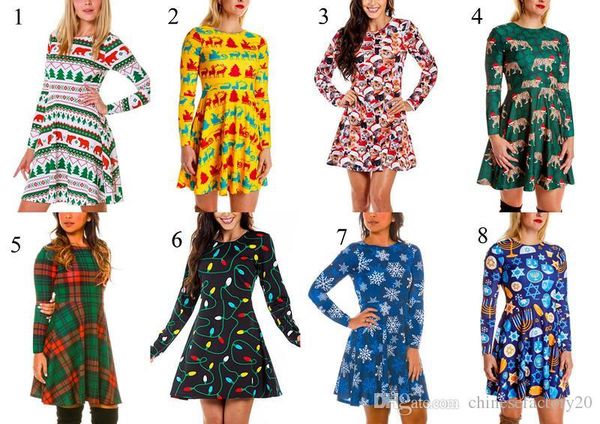 

women christmas dress elk snowflake printed grid long sleeve autumn new xmas elegant dress for woman, White