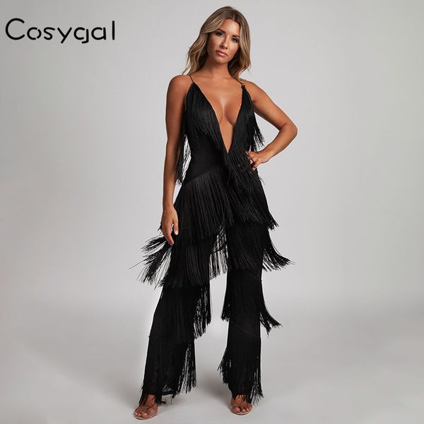 

cosygal v neck jumpsuit women spaghetti strap zipper black long playsuit 2020 summer sleeveless tassel celebrity rompers, Black;white