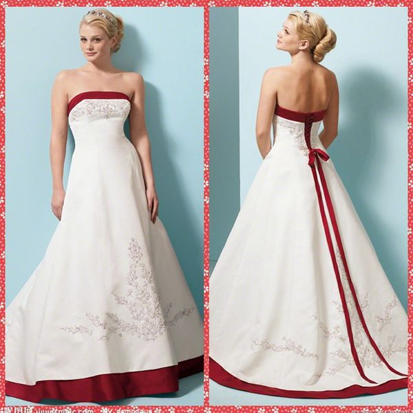 

strapless a-line satin wedding dresses with embroidery bridal gowns vintage plus size robe de mariee spring long, White