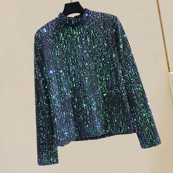 

sequins pullover hoodies women new 2019 autumn women's sequins turtleneck long-sleeved t loose shirt femme clothes, Black