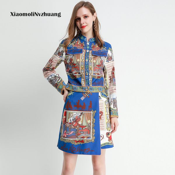 

xiaomoli fashion printing long sleeve suit skirt two piece set slim elegant skirt commuter skirt two piece set fall 2019, White