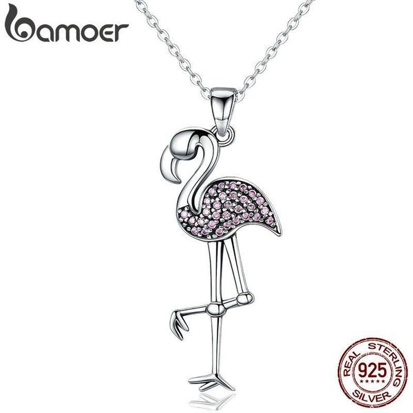 

bamoer 925 sterling silver popular flamin bird animal pendant necklaces with clear pink cz women luxury jewelry brincos scn093