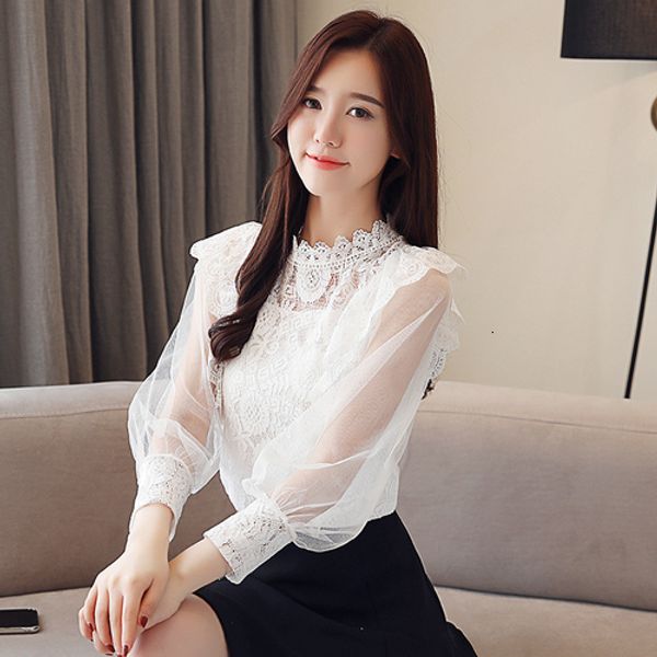 

весна шифон женщина белой рубашка 2019 новый стиль лето стенд воротник xxl рабочая одежда женской мода темперамент bottom lace блуза, White