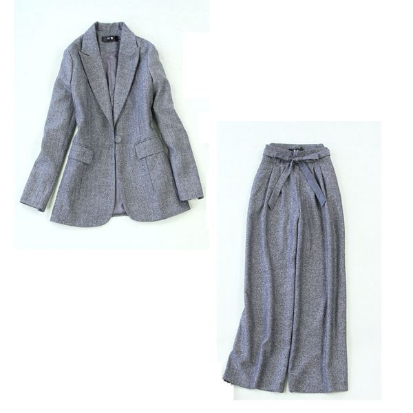 

women's suits 2019 autumn and winter new large size gray herringbone long-sleeved slim suit high waist wide leg pants suit, White;black