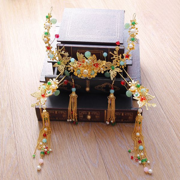 

traditional chinese brides wedding phoenix crown hair ornaments cereals ancient tassels suits vintage bridal hair accessories, Golden;white