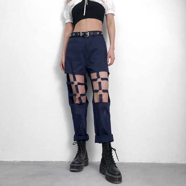 

2019 spring new irregular ring buckle hollow casual pants, Black;white