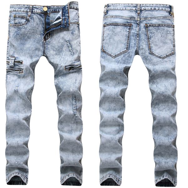 

men's jeans europe america style slim fashion street trends elastic snowflake light blue jean slim fit denim scratched popular