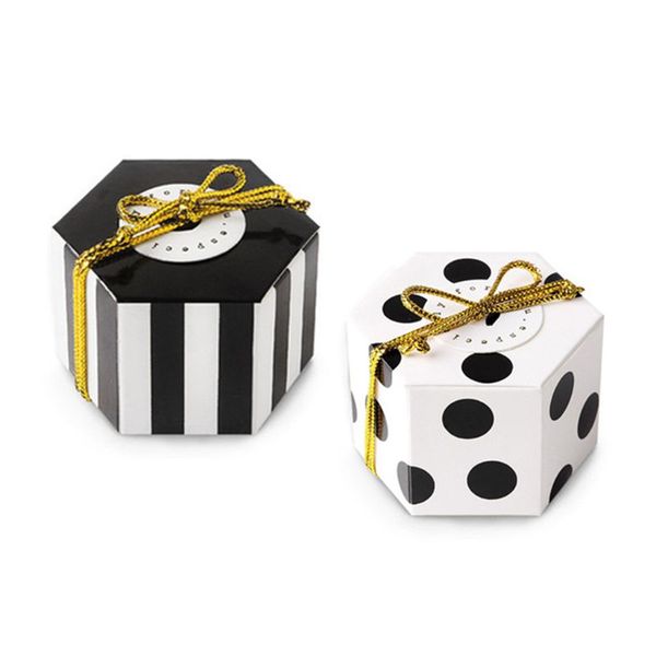 

hexagon candy box bulk with gold ribbon and round card,black stripes,pack of 50
