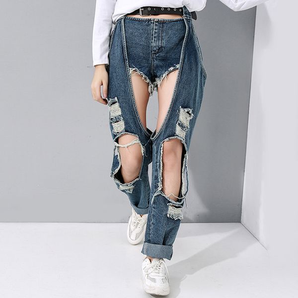 

korea wide leg blue denim hollow out long jeans new high waist loose women trousers fashion tide spring autumn 2020 1n898