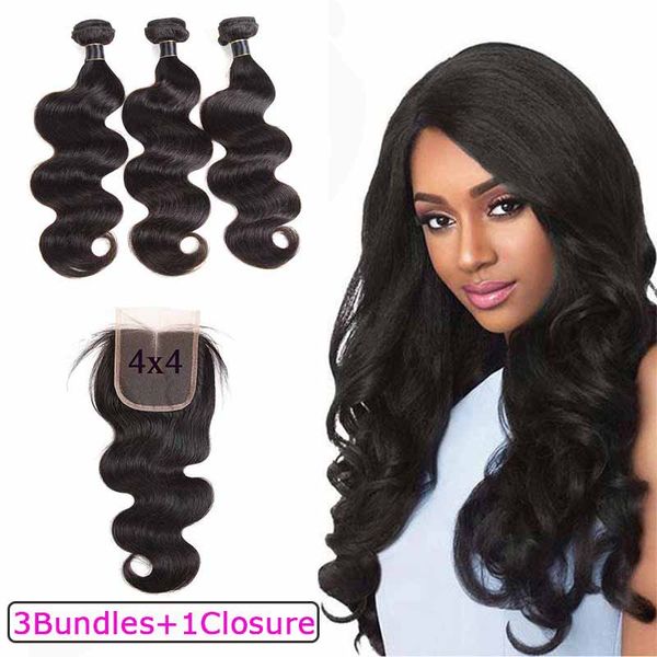 

перуанская объемная волна девственные волосы 3 пучка с закрытием шнурка 4x4 человеческие волосы с закрытием шнурка оптовая продажа человечес, Black