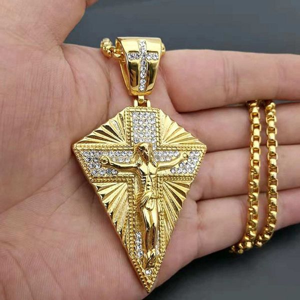 

stainless steel big jesus cross pendant & chain male gold color paved rhinestones crucifix necklaces for men jewelry, Silver
