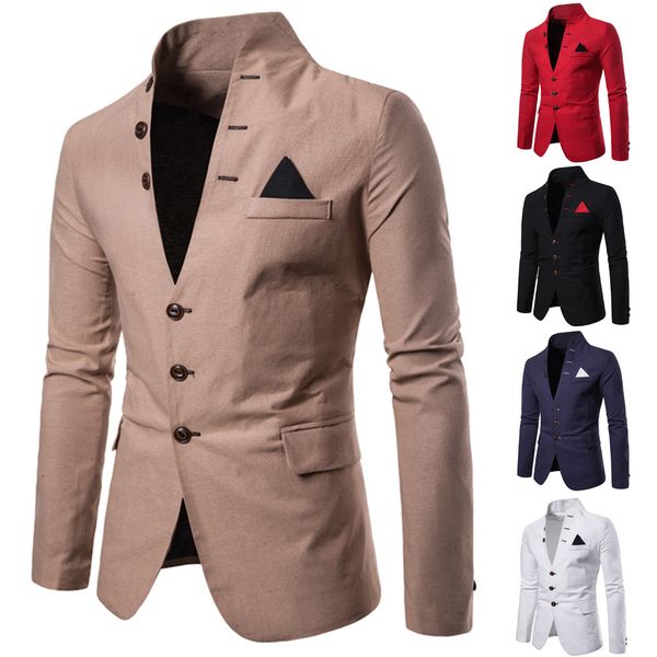 

men's suits & blazers arrival slim fit fashion blazer suit jacket casual solid long sleeve stand neck coat masculino, White;black