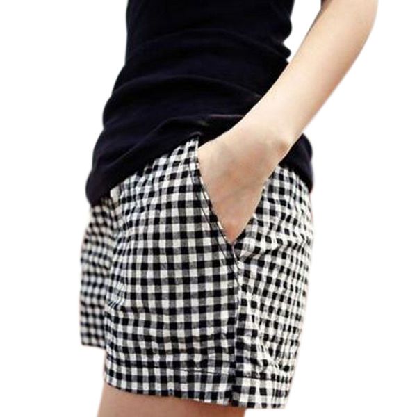 

newly fashion women plaid shorts casual loose elastic waist all-match summer cotton short pants plus size 4xl, White;black