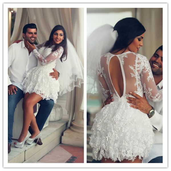 

мини-платье белого кружева иллюзия линия свадебное платье сшитое с длинными рукавами люкс, White