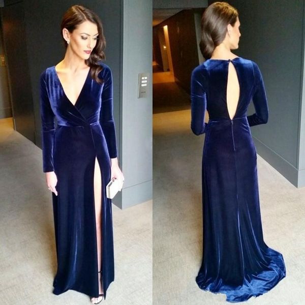 

2020 elegant navy blue long sleeves evening dresses v neck high split open back floor length velvet prom dresses celebrity dresses