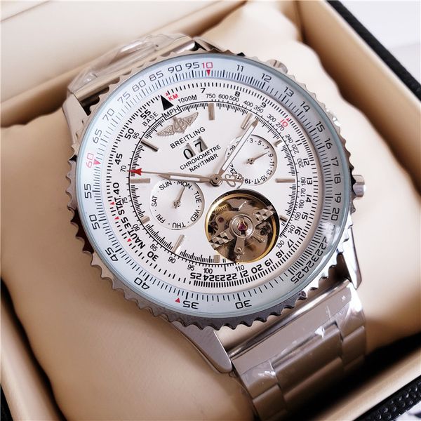 

new fashion multifunctional luxury watch steel band automatic date dual time zone casual sports men's mechanical watch, Slivery;brown
