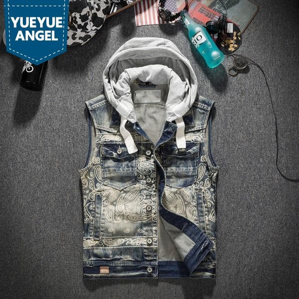 

spring autumn mens hat detachable denim waistcoats fashion vintage printed single breasted slim plus size male sleeveless vests, Black;white