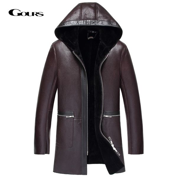 

gours winter genuine leather jacket men wine red real shearling sheepskin long coat with hooded natural wool lining warm jf1886, Black