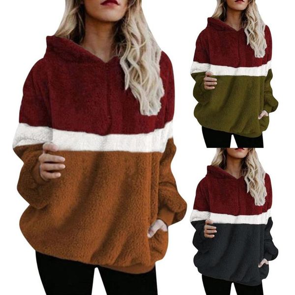 

мода повседневная женщины осень теплый цвет блок пэчворк плюшевые карман на молнии с капюшоном толстовки толстовки с длинными рукавами пулов, Black