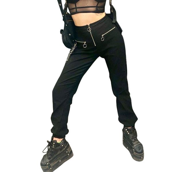 

women's pants & capris women girls casual harem with silver chain gothic harajuku black streetwear cool hip hop zipper long trousers ca, Black;white