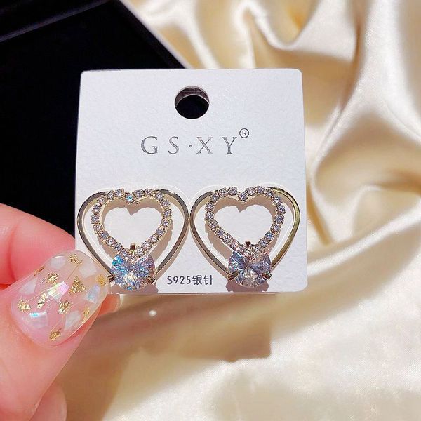 

exquisite korean style heart earrings gold color micro paved cubic zircon stud earrings women jewelry, Golden;silver