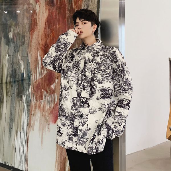 

мужчины печать с длинным рукавом повседневная рубашка куртка мужской streetwear мода хип-хоп сыпучие рубашки пальто верхняя одежда, White;black