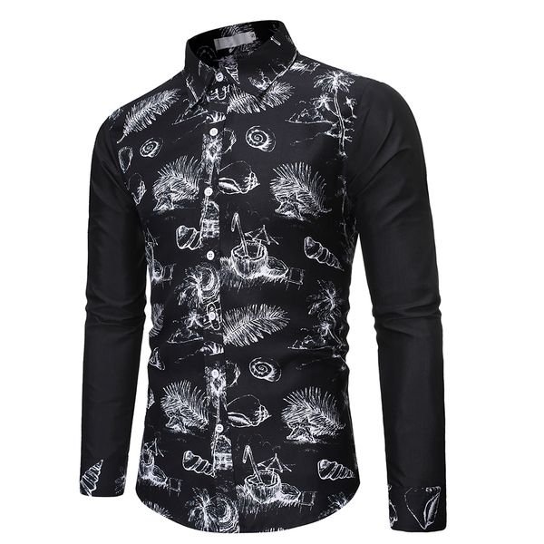 

mens dress shirts black floral casual shirt men 2019 brand slim fit long sleeve shirt men hawaiian streetwear camisas xxl, White;black