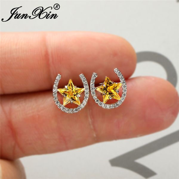 

dainty small star stud earrings for women 925 silver colorful yellow purple blue zircon stone wedding ear studs crystal jewelry, Golden;silver
