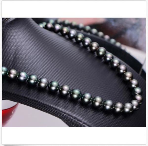 

abcc stunning 10-11mm tahitian black green round pearl necklace 18inch 925s, Silver