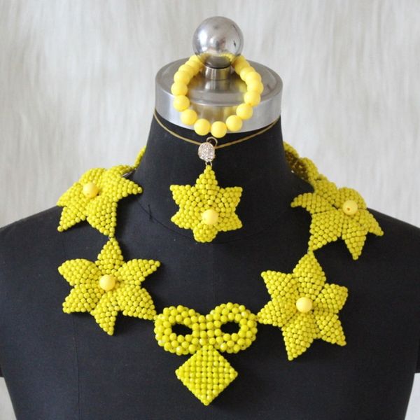 

dudo store jewelry set for nigerian women yellow flowers african party bead jewerly necklace set bracelet earrings necklace, Silver