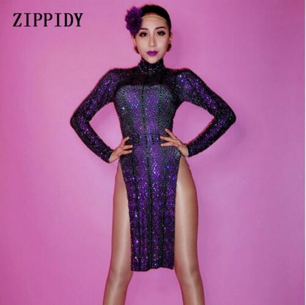 

fashion summer full rhinestone dress lady evening party luxurious purple black long sleeves dress prom birthday one-piece, Black;gray