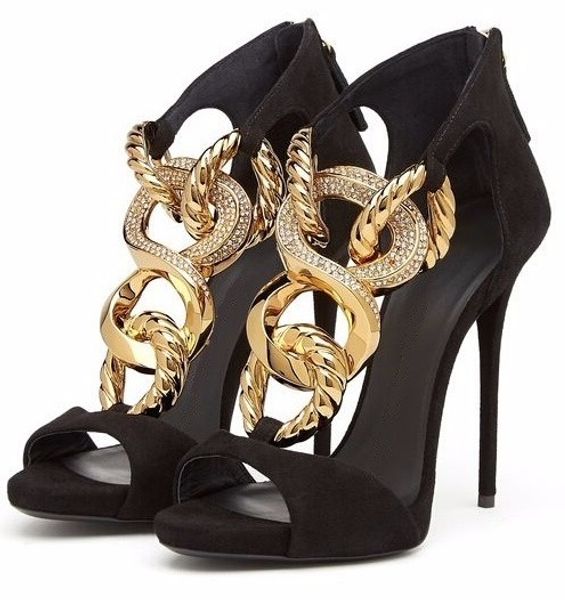 

women black suede peep toe gold metal chain decoration sandals summer back zipper cover heel thin heel party dress shoes