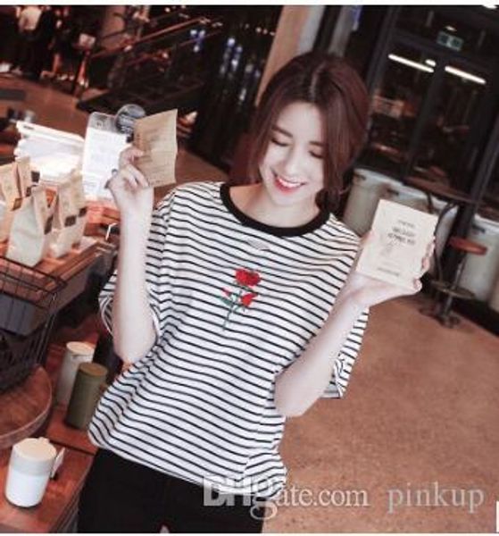 

new style spot round collar short-sleeved rose embroidery hollowed-out korean version of the brand stripe t-shirt girl., White