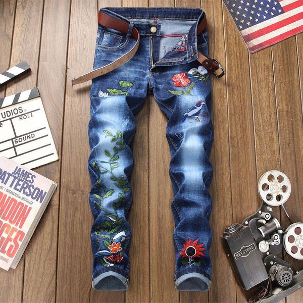 

men's individuality embroidered flower jeans feet slim stretch thin thin hole trousers, Blue