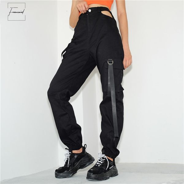 

women fashion pencil pants black high waist patchwork pockets patckwork hollow out trousers womens streetwear cargo pants women, Black;white