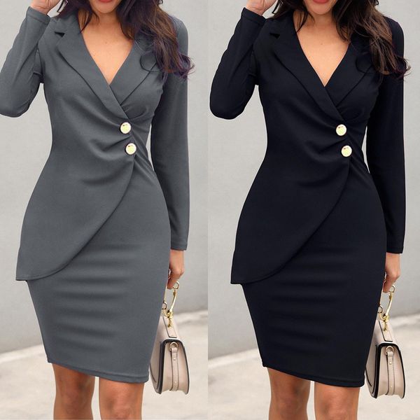 

office dress women elegant women office lady solid turn down neck long sleeve buttons bodycon work formal dress, Black;gray