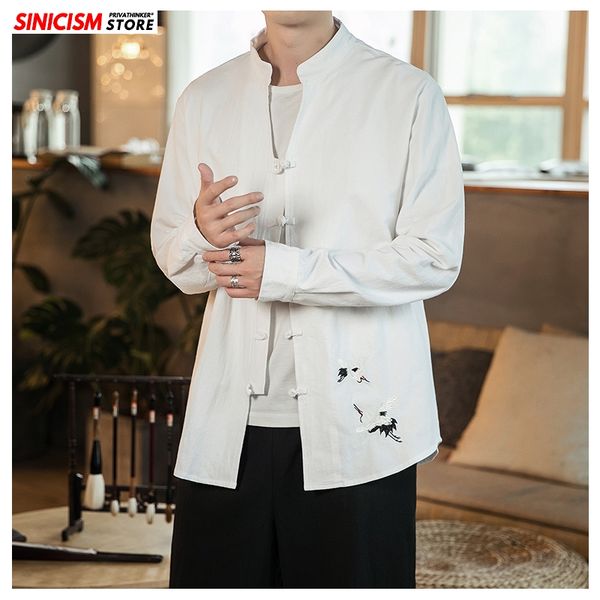 

sinicism store embroidery chinese style shirt mens vintage 2020 spring cotton linen mens shirts male long sleeve shirt oversize, White;black