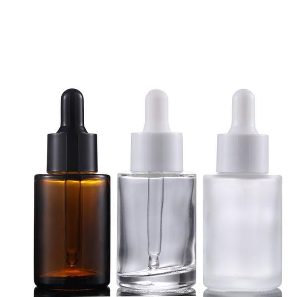 

30ml flat shoulder frosted clear amber glass round essential oil serum bottle with glass dropper for cosmetics essence lx1768