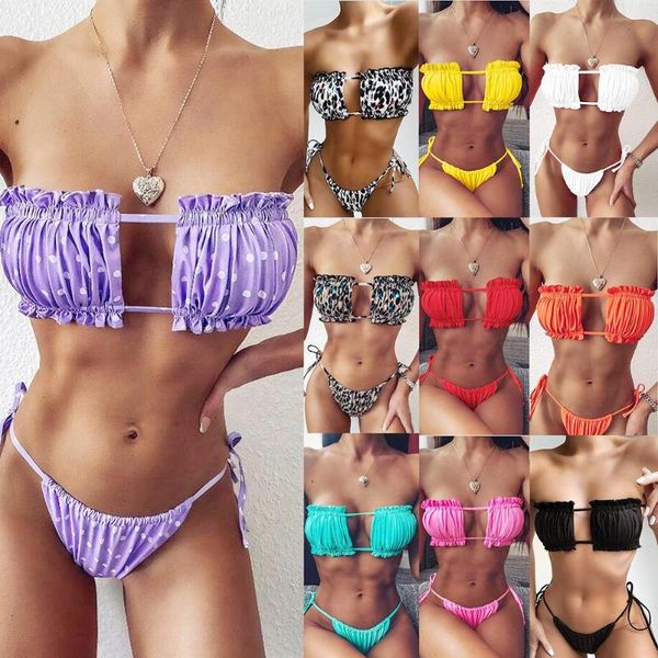 

women leopard pleated tube bra g-string briefs bikini set swimsuit, White;black