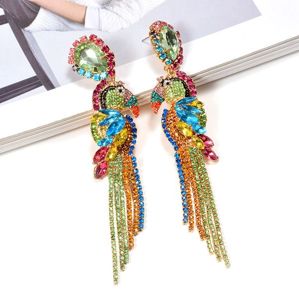 

za new bird-shaped colorful rhinestone metal long dangle drop earrings fine crystals chain tassels jewelry accessories for women, Silver