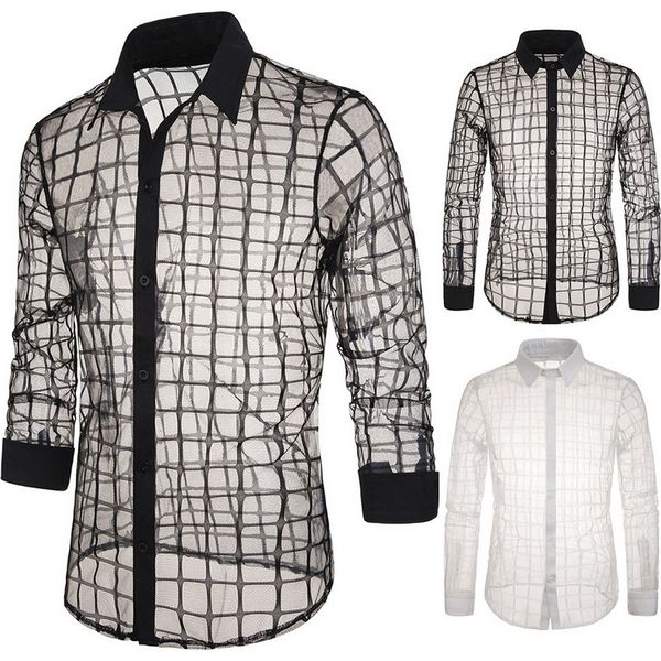 

casual autumn long sleeve stand collar shirts blouses men's stage lace shirts fashion lace transparent plaid outwears, White;black