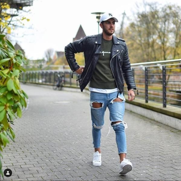 

spring fall jeans mens autumn biker pencil pants holes ripped designer long trousers pantalones, Blue