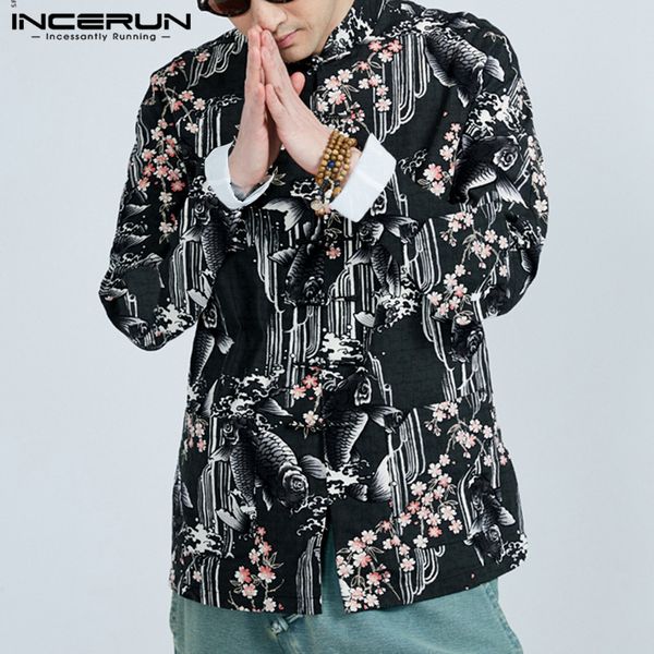 

chinese style printed men shirt stand collar long sleeve vintage button retro blouse tang suit loose casual mens shirts incerun, White;black