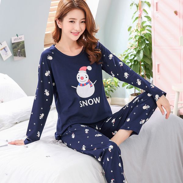 

lovely cartoon 2 pcs pyjamas women pajamas sets 2019 cute sleepwear suit knitted cotton long sleeve home clothes pijama mujer, Blue;gray
