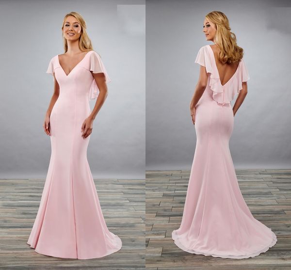 Sleeves drapeados de volta exclusivo 2020 vestidos de dama de honra sereia em v-pescoço manga curta vestido de baile elegante vestidos de noite formal novo casamento chiffon