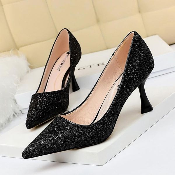 

2019 woman 7cm glitter high heels sequins scarpins pumps female silver gold escarpins lady party wedding scarpins talons shoes, Black